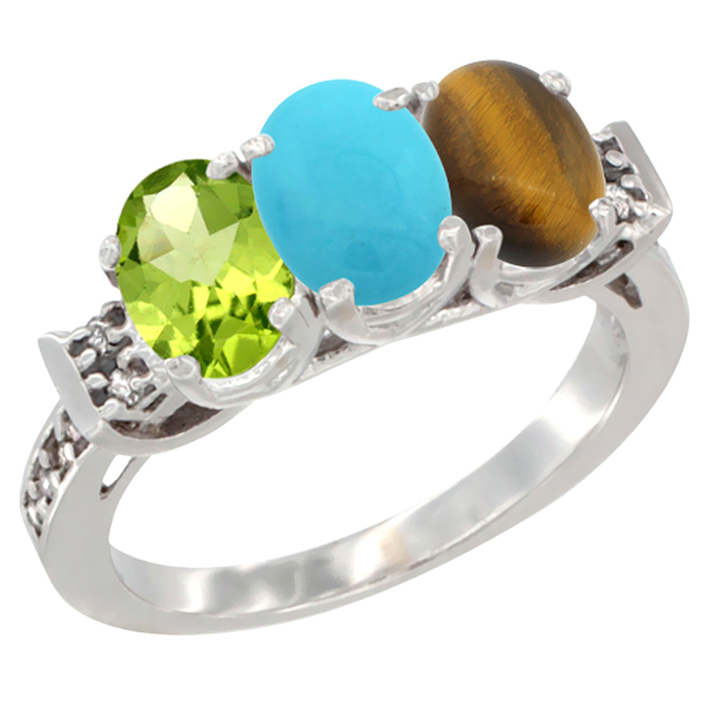 10K White Gold Natural Peridot, Turquoise & Tiger Eye Ring 3-Stone Oval 7x5 mm Diamond Accent, sizes 5 - 10