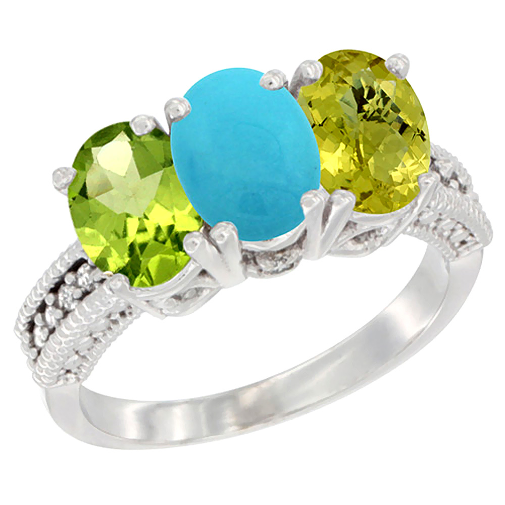 10K White Gold Natural Peridot, Turquoise & Lemon Quartz Ring 3-Stone Oval 7x5 mm Diamond Accent, sizes 5 - 10