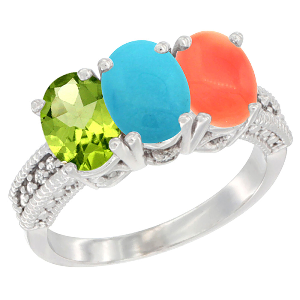 14K White Gold Natural Peridot, Turquoise &amp; Coral Ring 3-Stone Oval 7x5 mm Diamond Accent, sizes 5 - 10