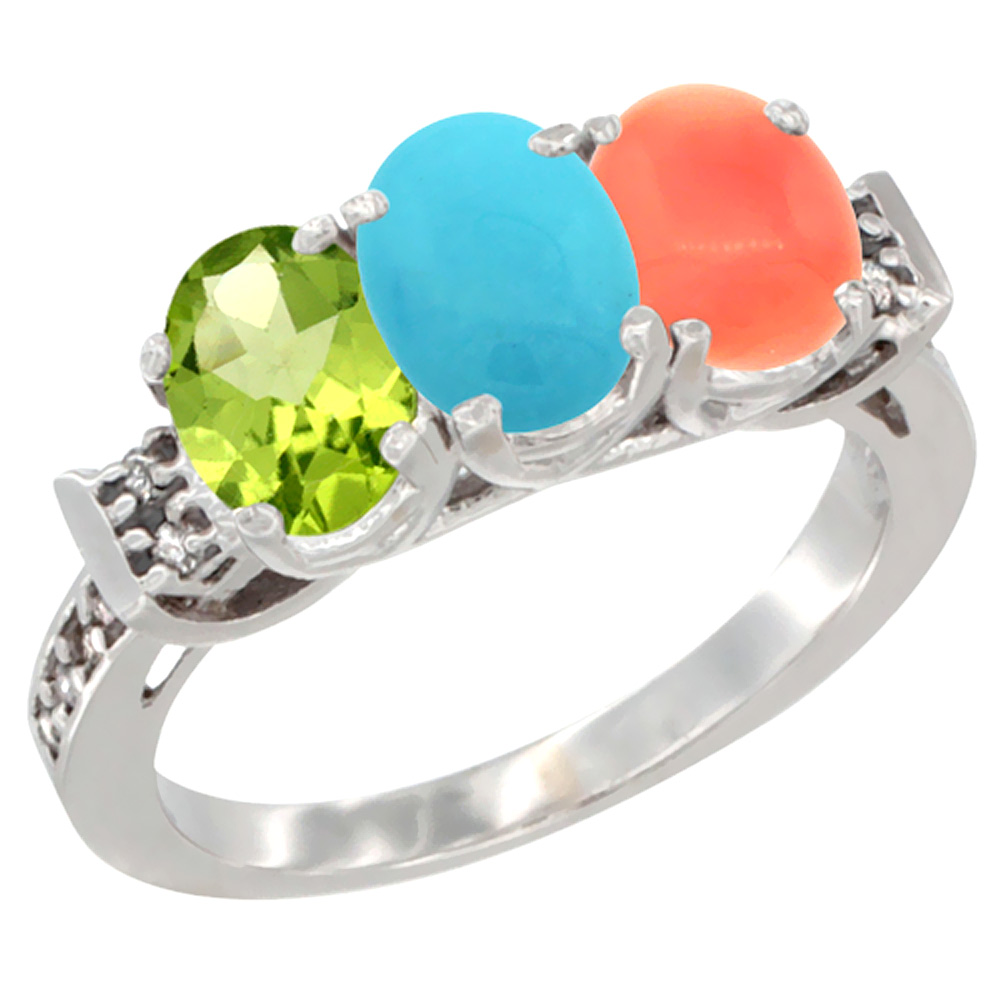 14K White Gold Natural Peridot, Turquoise & Coral Ring 3-Stone Oval 7x5 mm Diamond Accent, sizes 5 - 10
