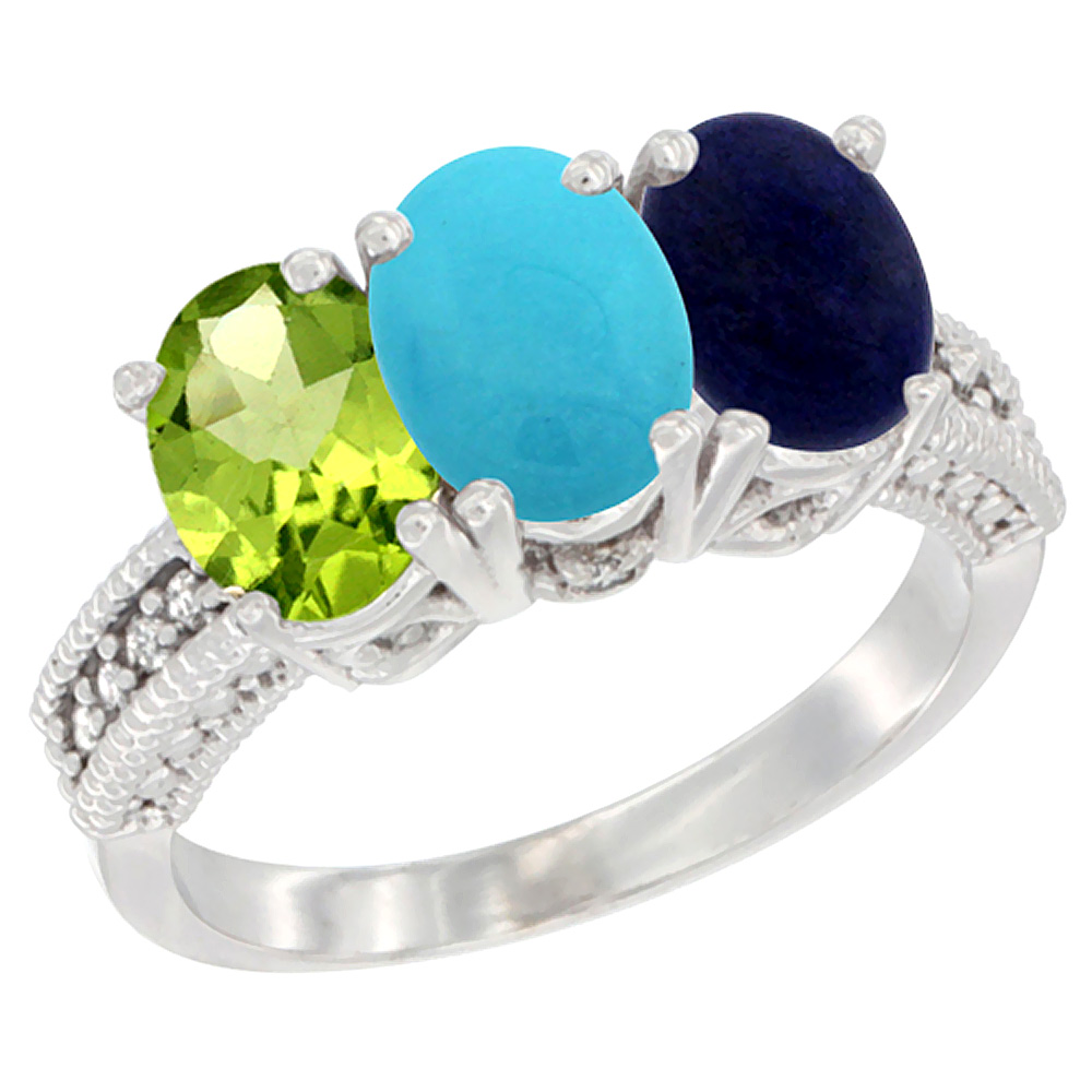 14K White Gold Natural Peridot, Turquoise & Lapis Ring 3-Stone Oval 7x5 mm Diamond Accent, sizes 5 - 10