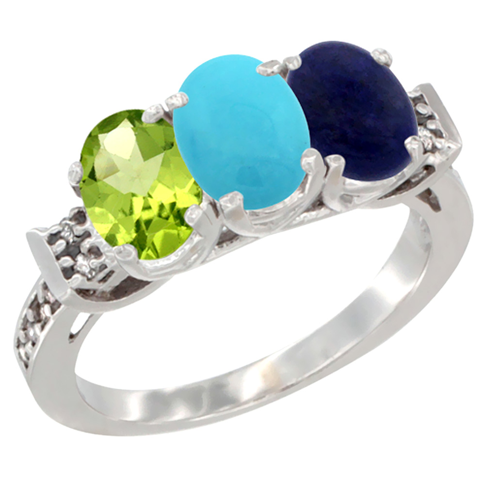 14K White Gold Natural Peridot, Turquoise &amp; Lapis Ring 3-Stone Oval 7x5 mm Diamond Accent, sizes 5 - 10