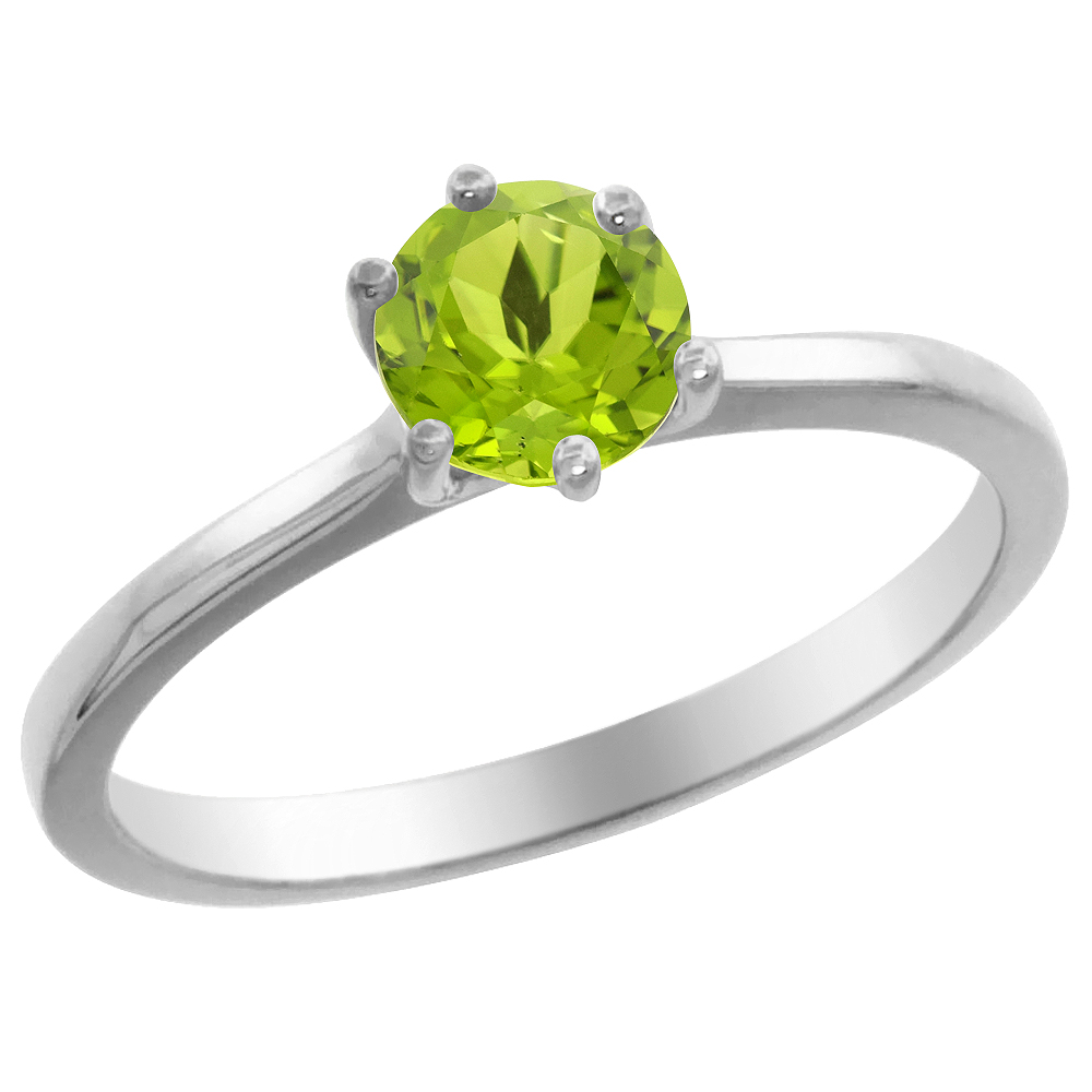 14K White Gold Natural Peridot Solitaire Ring Round 6mm, sizes 5 - 10
