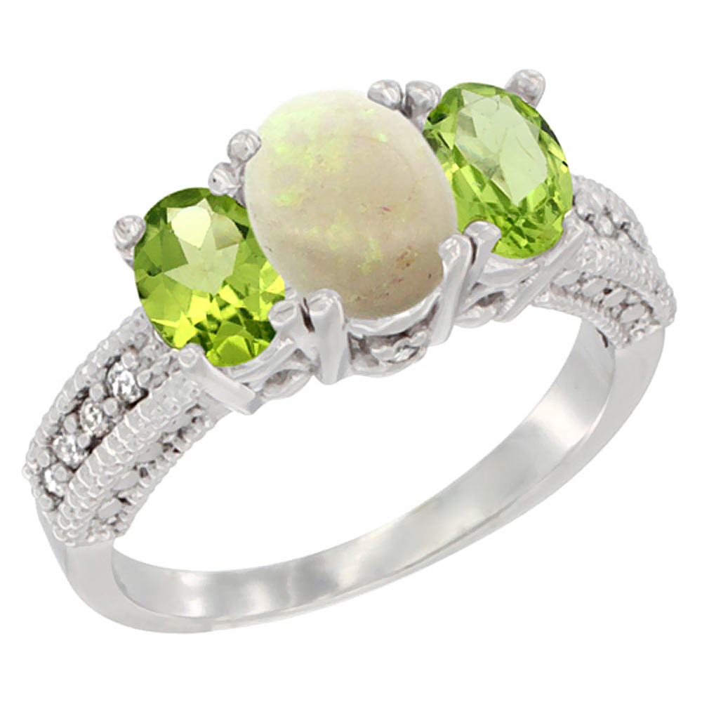 14K White Gold Diamond Natural Opal Ring Oval 3-stone with Peridot, sizes 5 - 10