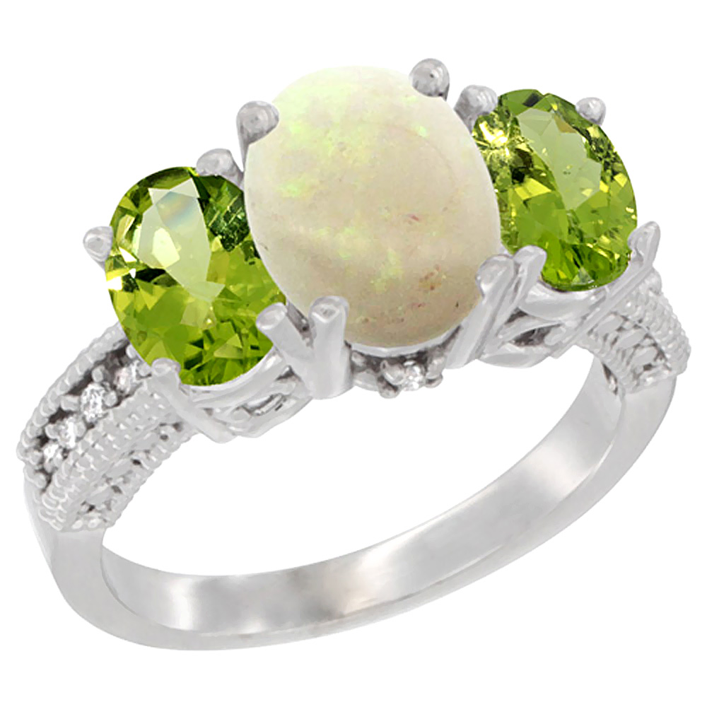 14K White Gold Diamond Natural Opal Ring 3-Stone Oval 8x6mm with Peridot, sizes5-10