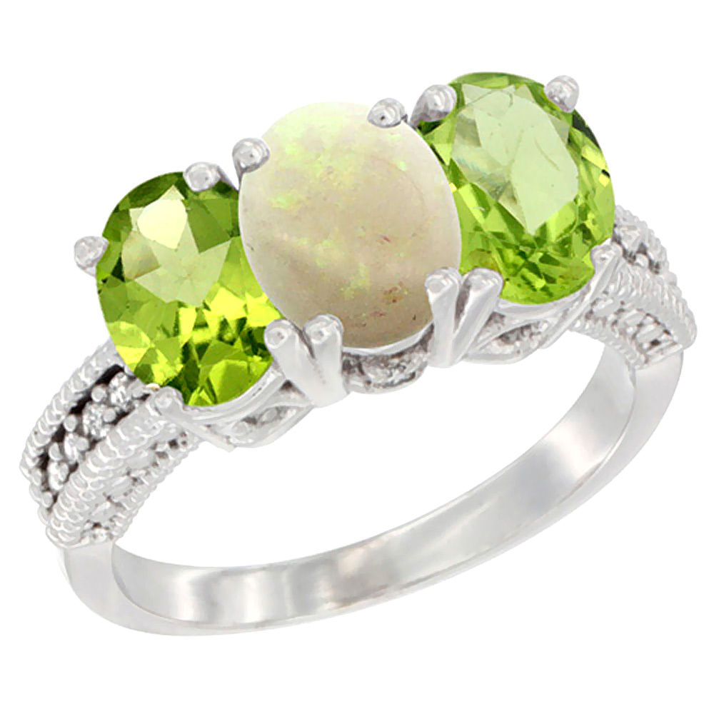 14K White Gold Natural Opal &amp; Peridot Sides Ring 3-Stone Oval 7x5 mm Diamond Accent, sizes 5 - 10