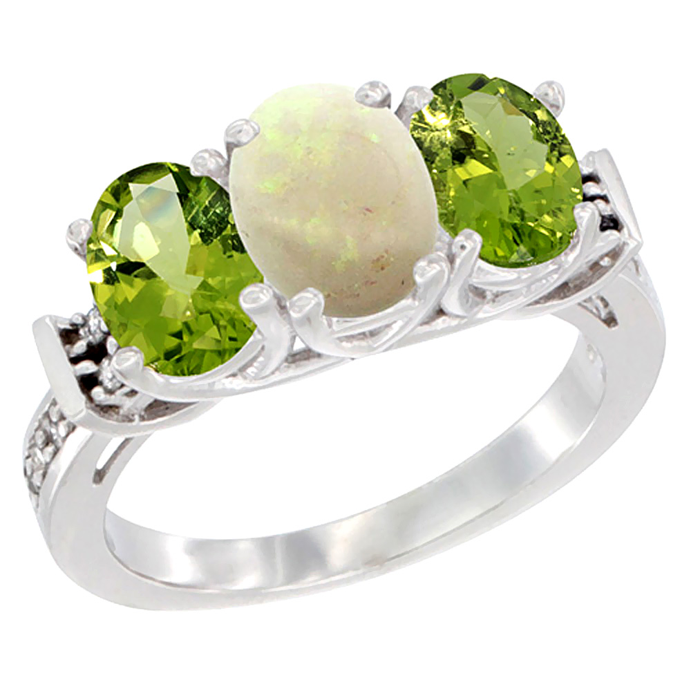14K White Gold Natural Opal &amp; Peridot Sides Ring 3-Stone Oval Diamond Accent, sizes 5 - 10