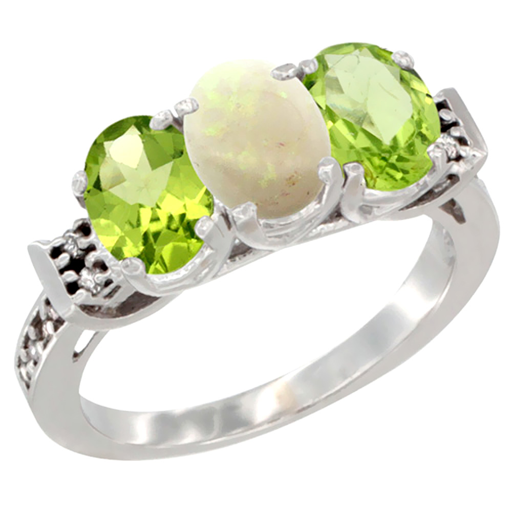 14K White Gold Natural Opal & Peridot Sides Ring 3-Stone Oval 7x5 mm Diamond Accent, sizes 5 - 10