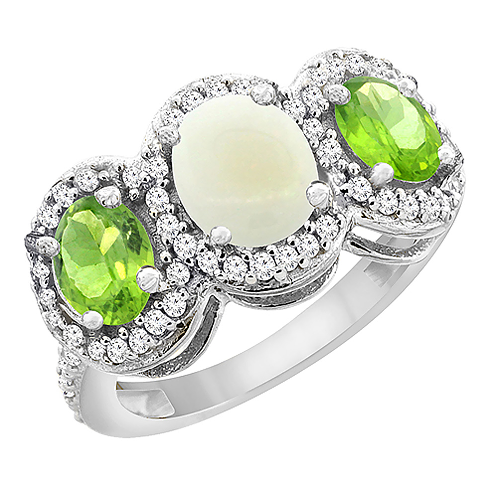 14K White Gold Natural Opal & Peridot 3-Stone Ring Oval Diamond Accent, sizes 5 - 10
