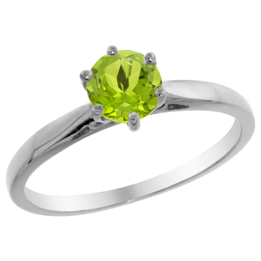 14K White Gold Natural Peridot Solitaire Ring Round 5mm, sizes 5 - 10