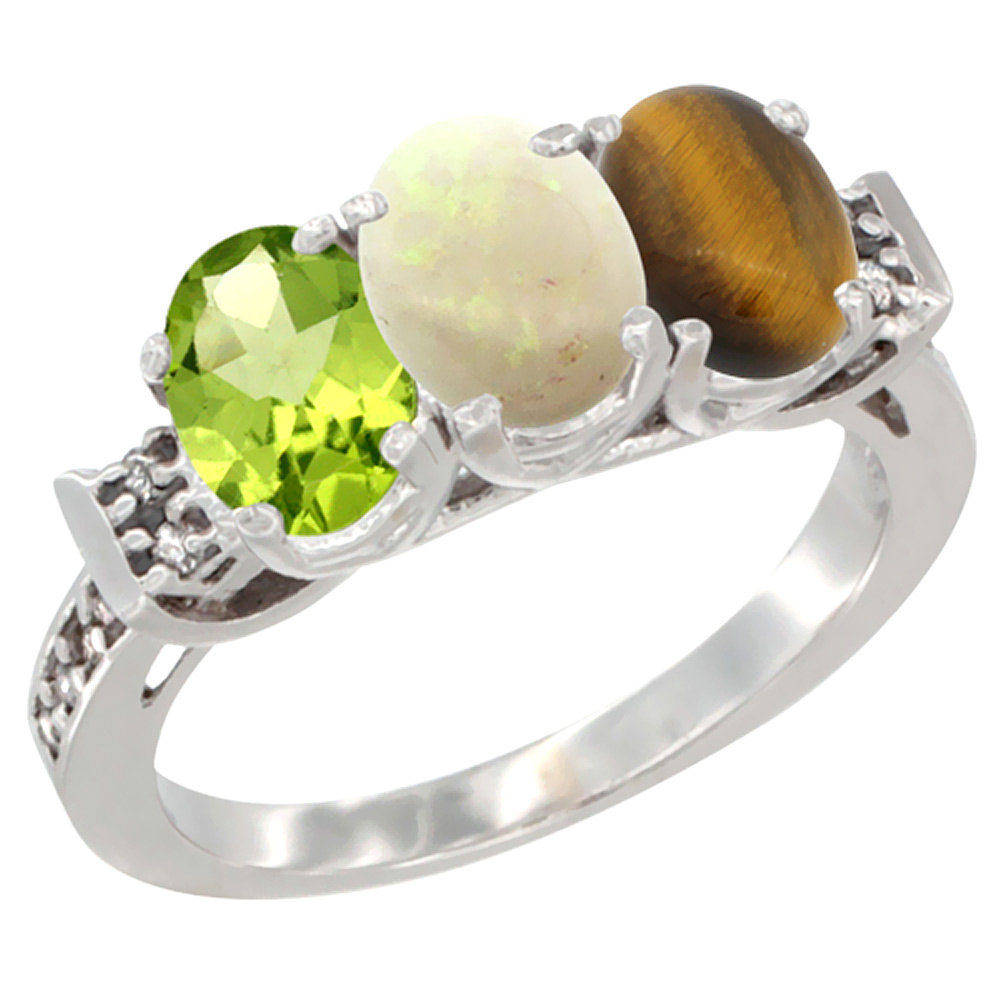 10K White Gold Natural Peridot, Opal &amp; Tiger Eye Ring 3-Stone Oval 7x5 mm Diamond Accent, sizes 5 - 10