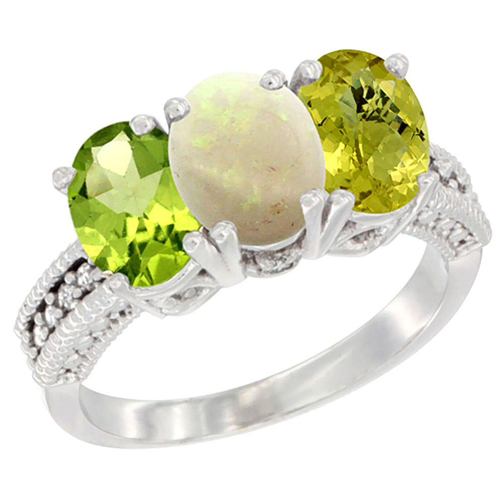 14K White Gold Natural Peridot, Opal & Lemon Quartz Ring 3-Stone Oval 7x5 mm Diamond Accent, sizes 5 - 10