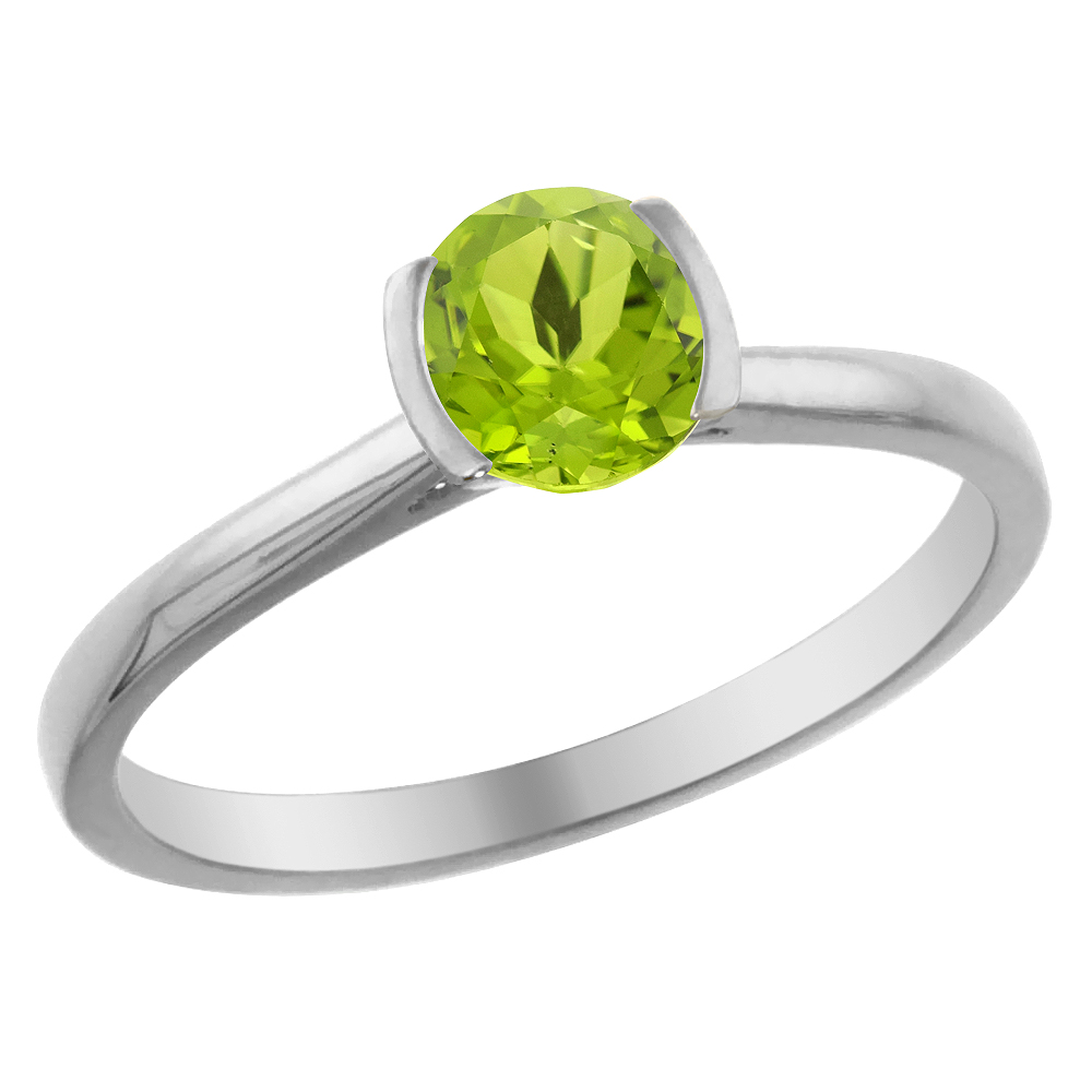 14K White Gold Natural Peridot Solitaire Ring Round 5mm, sizes 5 - 10