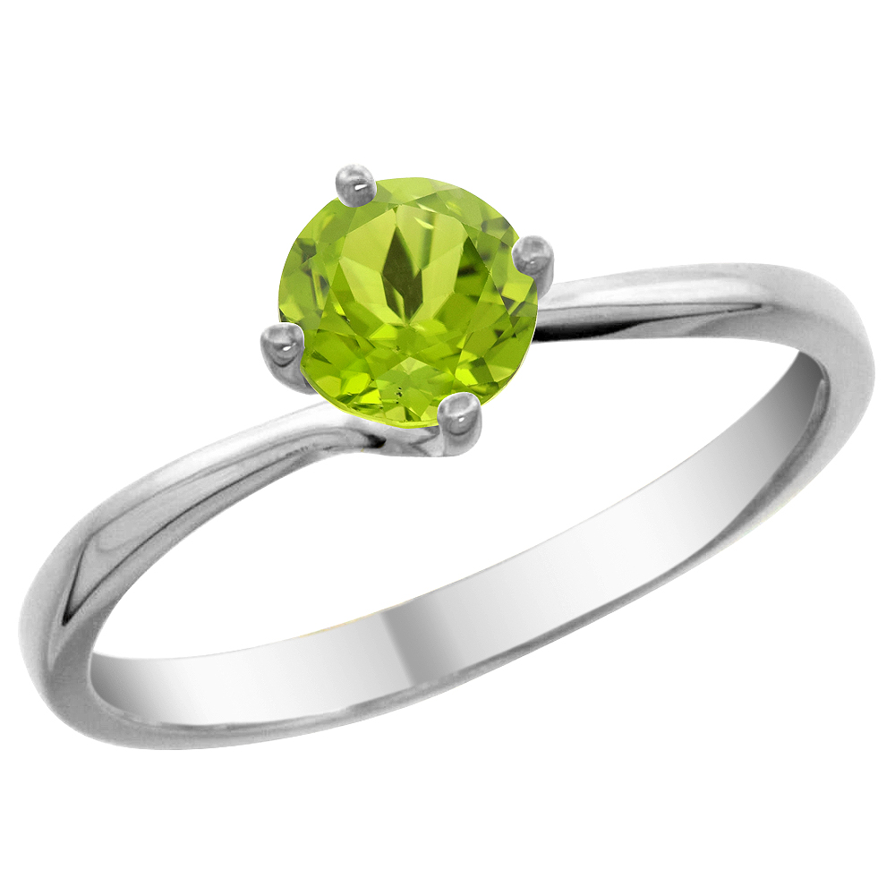 14K White Gold Natural Peridot Solitaire Ring Round 6mm, sizes 5 - 10