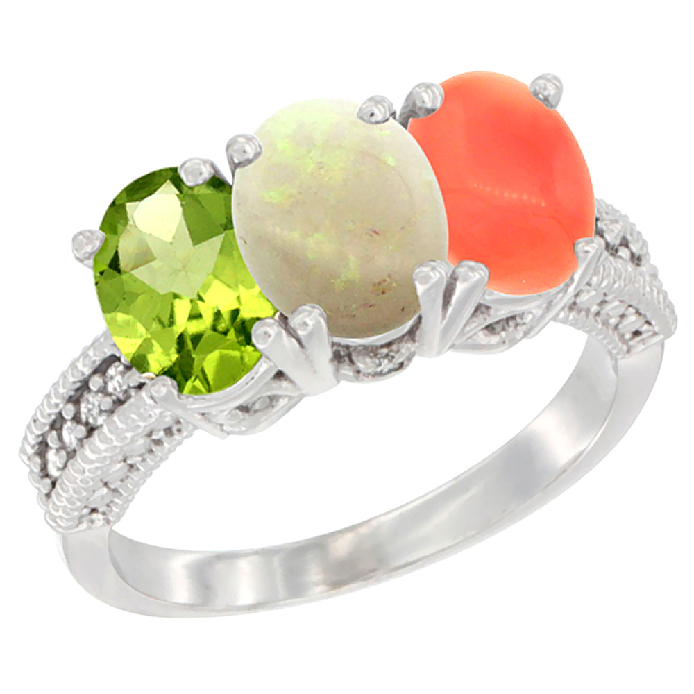 10K White Gold Natural Peridot, Opal & Coral Ring 3-Stone Oval 7x5 mm Diamond Accent, sizes 5 - 10