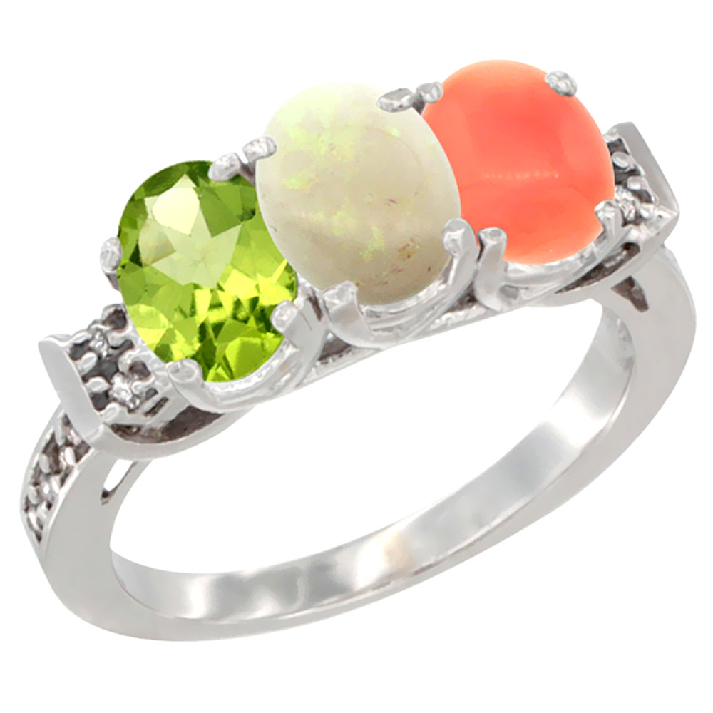 10K White Gold Natural Peridot, Opal & Coral Ring 3-Stone Oval 7x5 mm Diamond Accent, sizes 5 - 10