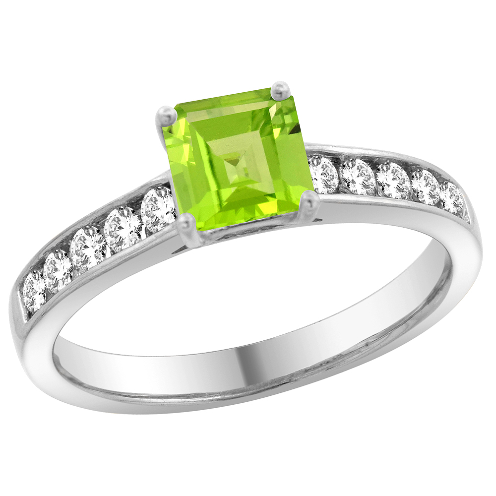 14K White Gold Natural Peridot Engagement Ring Princess cut 5mm, sizes 5 - 10