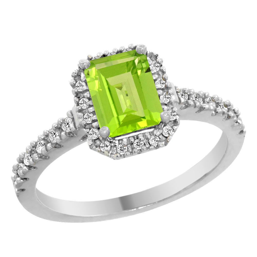 14K White Gold Natural Peridot Engagement Ring Octagon 7x5 mm Diamond Accents, sizes 5 - 10