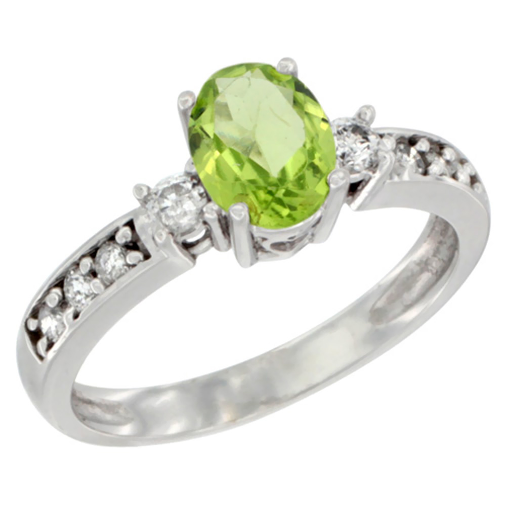 14K White Gold Natural Peridot Ring Oval 7x5 mm Diamond Accent, sizes 5 - 10