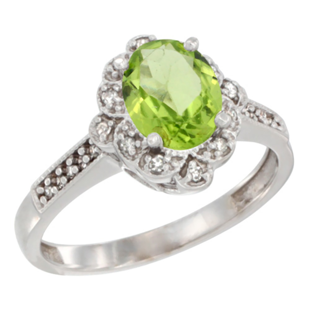 14K White Gold Natural Peridot Ring Oval 8x6 mm Floral Diamond Halo, sizes 5 - 10