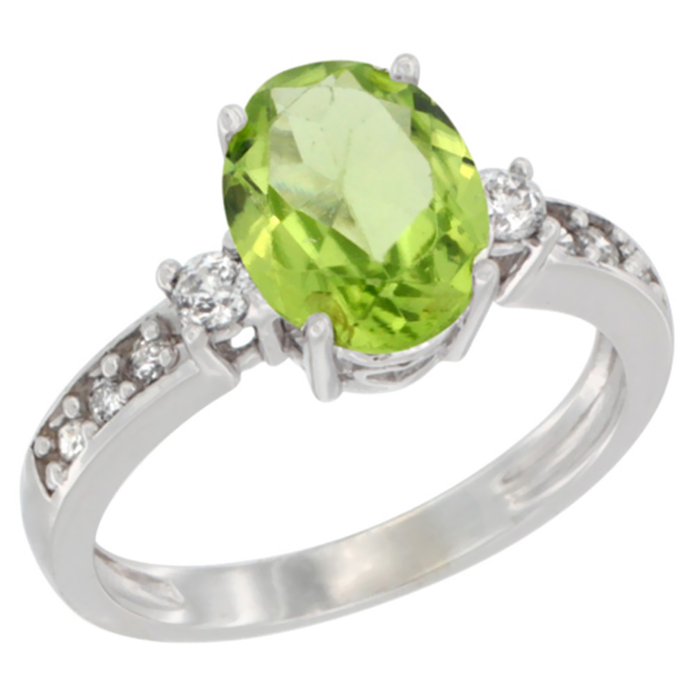 10K White Gold Natural Peridot Ring Oval 9x7 mm Diamond Accent, sizes 5 - 10