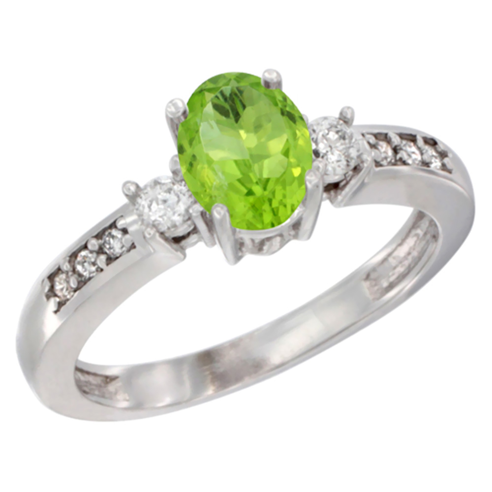 14K White Gold Diamond Natural Peridot Engagement Ring Oval 7x5 mm, sizes 5 - 10