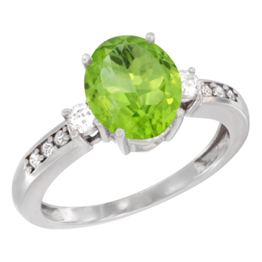 10k White Gold Natural Peridot Ring Oval 9x7 mm Diamond Accent, sizes 5 - 10