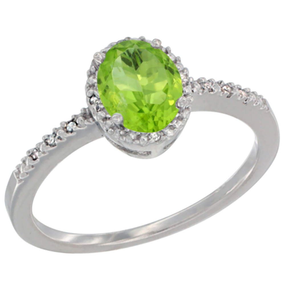10K White Gold Diamond Natural Peridot Engagement Ring Oval 7x5 mm, sizes 5 - 10
