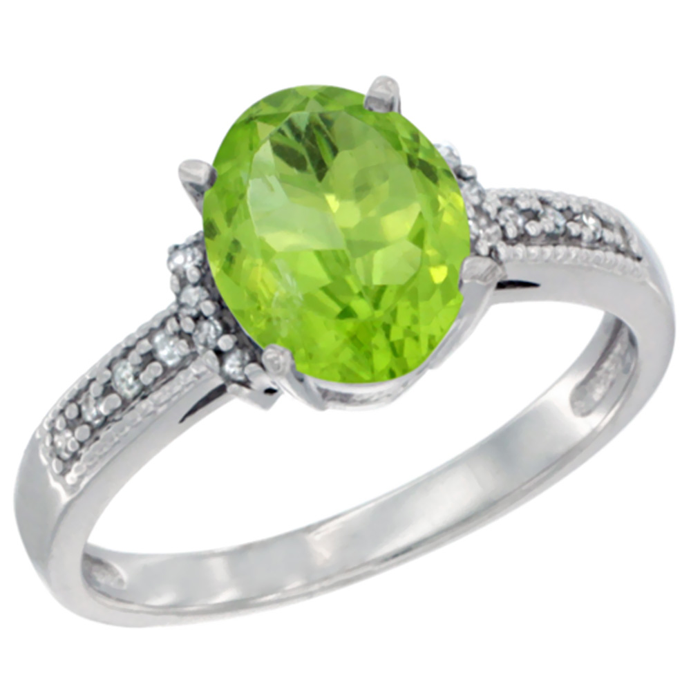 10K White Gold Natural Peridot Ring Oval 9x7 mm Diamond Accent, sizes 5 - 10