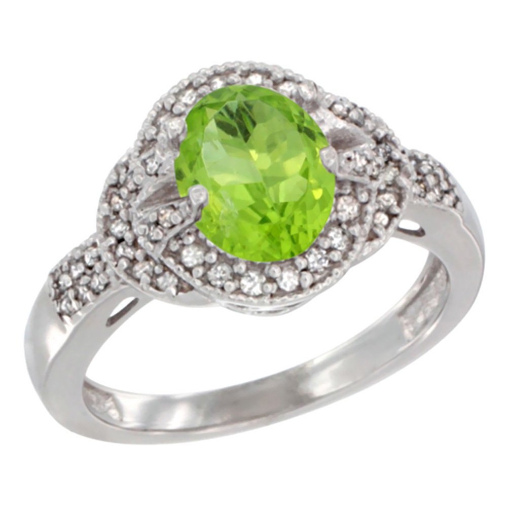 10K White Gold Natural Peridot Ring Oval 8x6 mm Diamond Accent, sizes 5 - 10