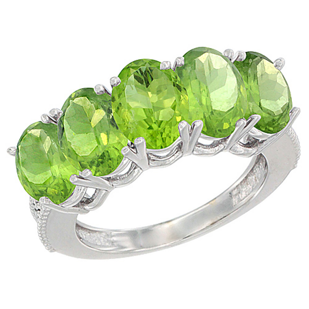 14K White Gold Natural Peridot 1 ct. Oval 7x5mm 5-Stone Mother's Ring with Diamond Accents, sizes 5 to 10 with half sizes