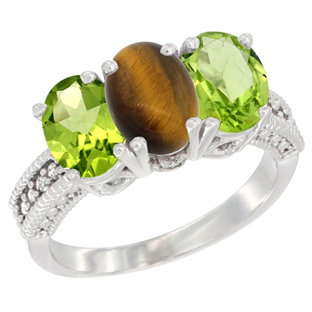 10K White Gold Natural Tiger Eye &amp; Peridot Sides Ring 3-Stone Oval 7x5 mm Diamond Accent, sizes 5 - 10