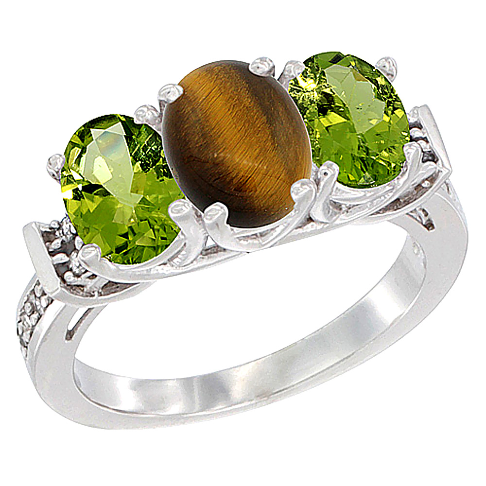 10K White Gold Natural Tiger Eye & Peridot Sides Ring 3-Stone Oval Diamond Accent, sizes 5 - 10