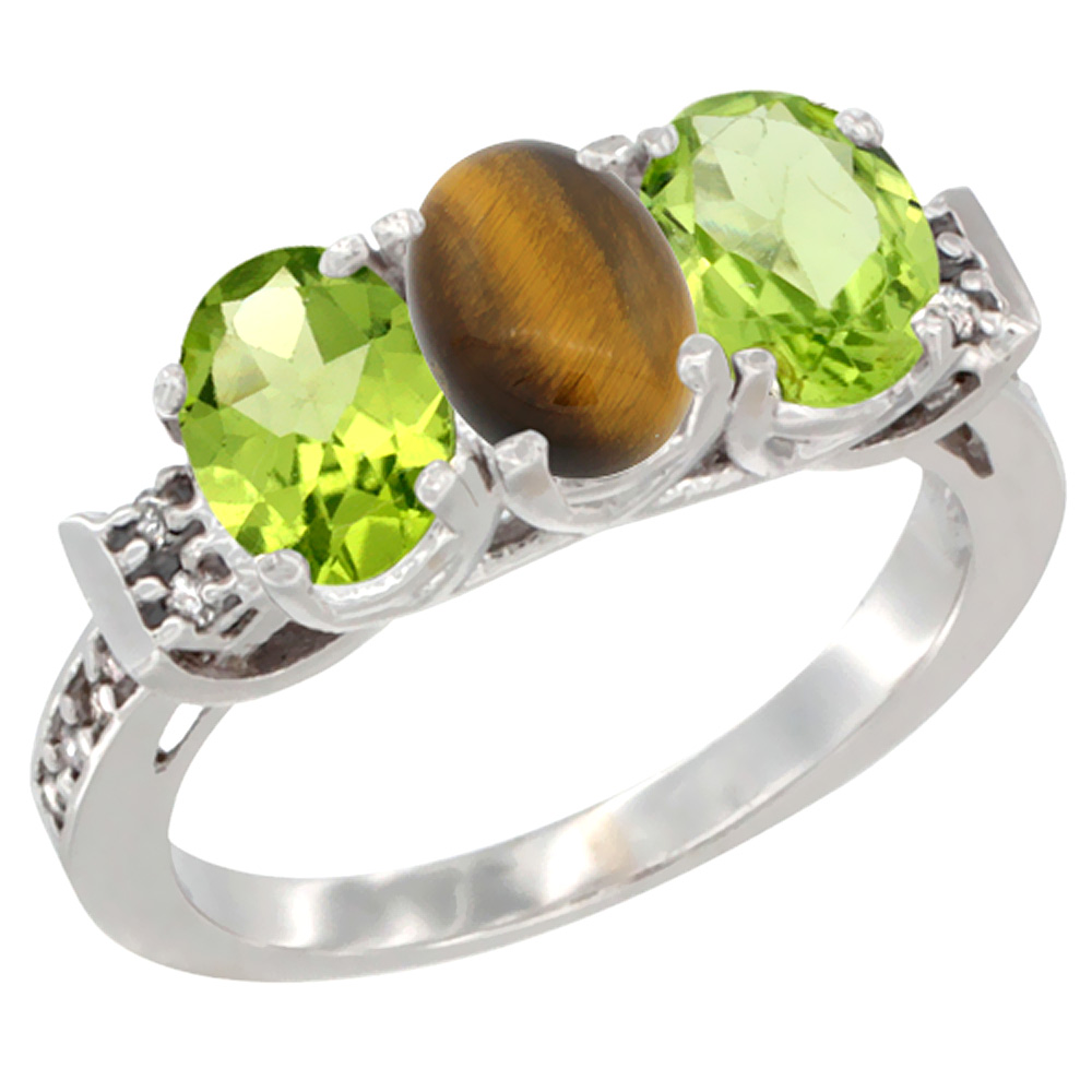 14K White Gold Natural Tiger Eye &amp; Peridot Sides Ring 3-Stone Oval 7x5 mm Diamond Accent, sizes 5 - 10