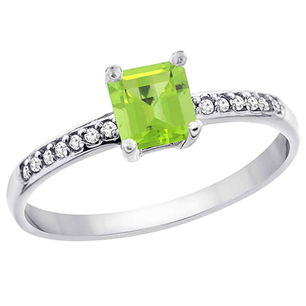 14K White Gold Natural Peridot Ring Octagon 7x5 mm Diamond Accents