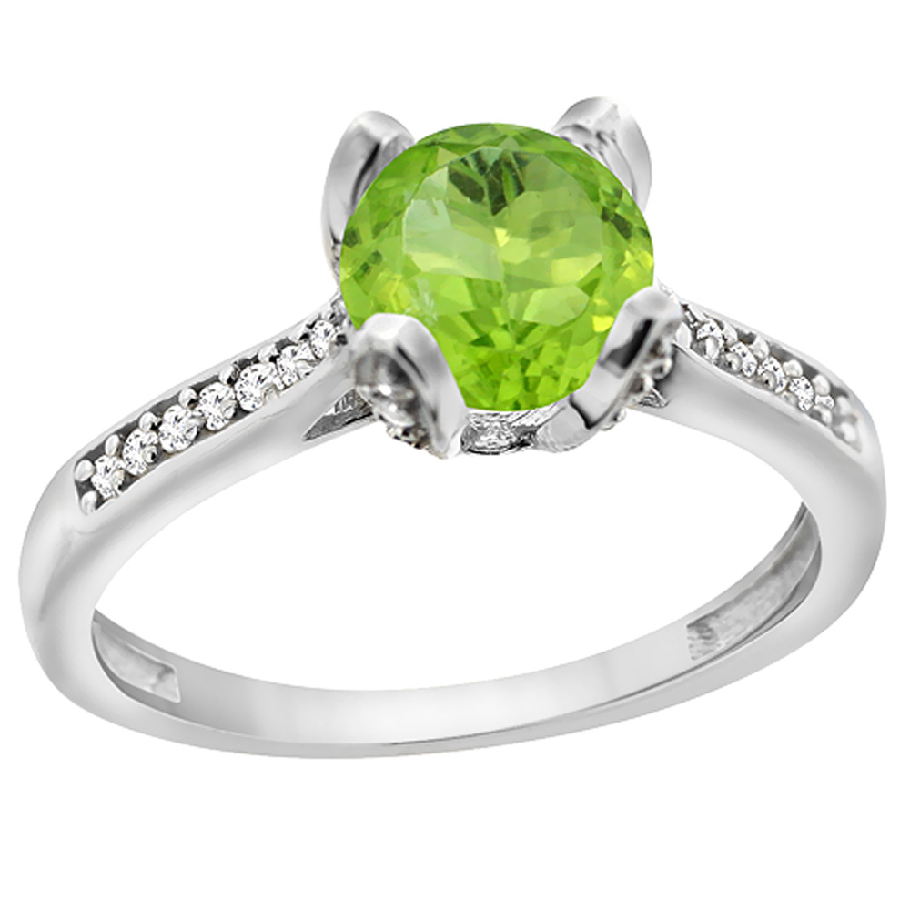 14K White Gold Diamond Natural Peridot Engagement Ring Round 7mm, sizes 5 to 10 with half sizes