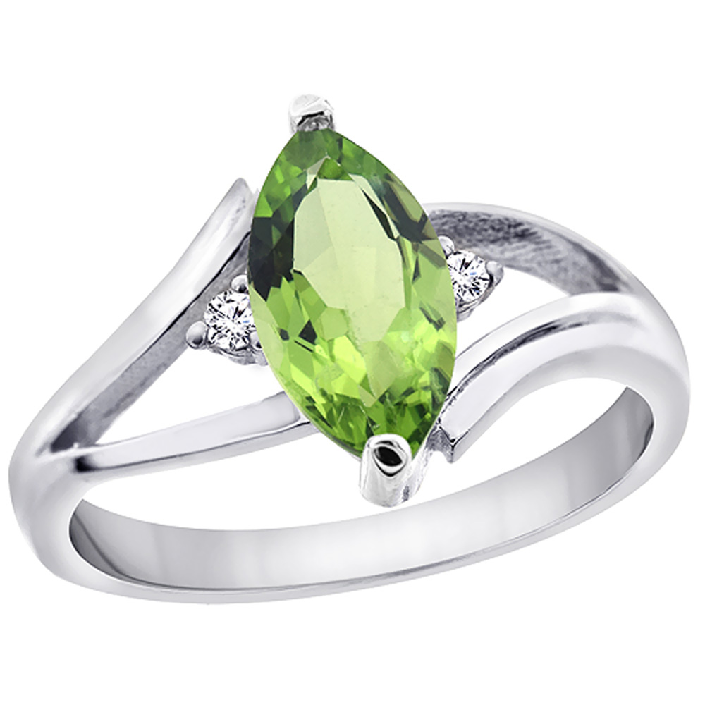 10K White Gold Natural Peridot Ring Marquise 10x5 mm Diamond Accent, sizes 5 - 10 with half sizes