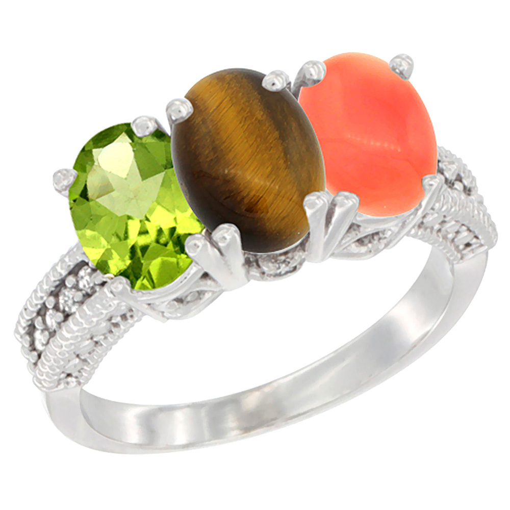 14K White Gold Natural Peridot, Tiger Eye & Coral Ring 3-Stone Oval 7x5 mm Diamond Accent, sizes 5 - 10