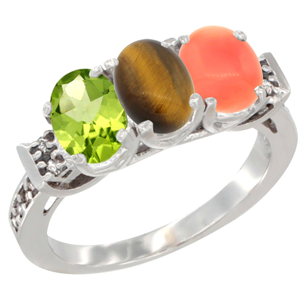 10K White Gold Natural Peridot, Tiger Eye & Coral Ring 3-Stone Oval 7x5 mm Diamond Accent, sizes 5 - 10
