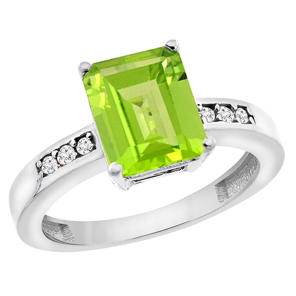 10K White Gold Natural Peridot Octagon 9x7 mm with Diamond Accents, sizes 5 - 10
