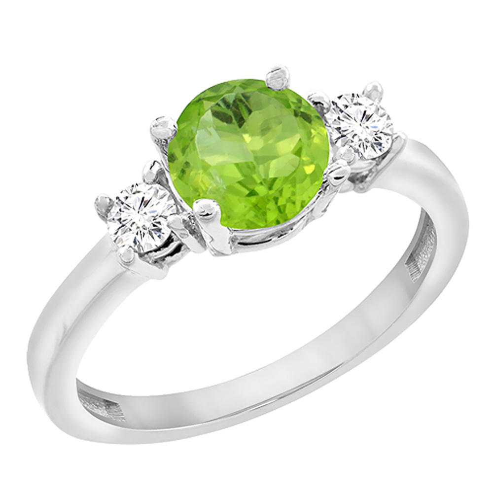 14K White Gold Diamond Natural Peridot Engagement Ring Round 7mm, sizes 5 to 10 with half sizes