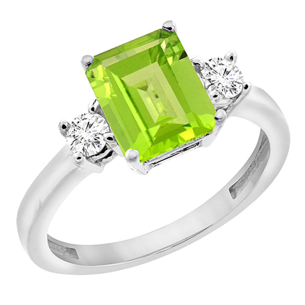 14K White Gold Natural Peridot Ring Octagon 8x6 mm with Diamond Accents, sizes 5 - 10