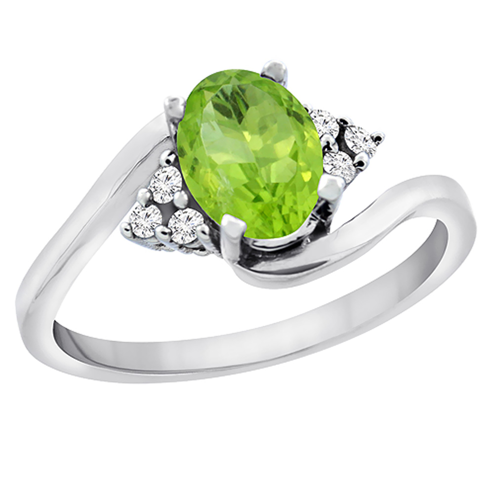 10K White Gold Diamond Natural Peridot Engagement Ring Oval 7x5mm, sizes 5 - 10