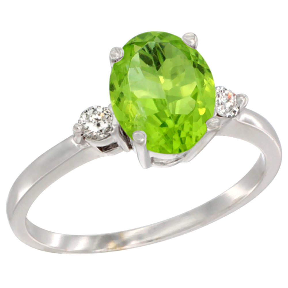14K White Gold Natural Peridot Ring Oval 9x7 mm Diamond Accent, sizes 5 to 10