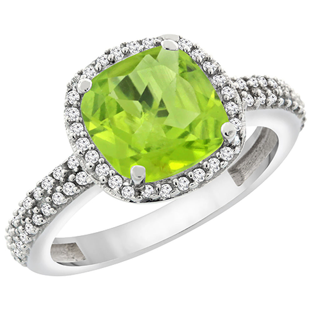 10K White Gold Natural Peridot Cushion 8x8 mm with Diamond Accents, sizes 5 - 10