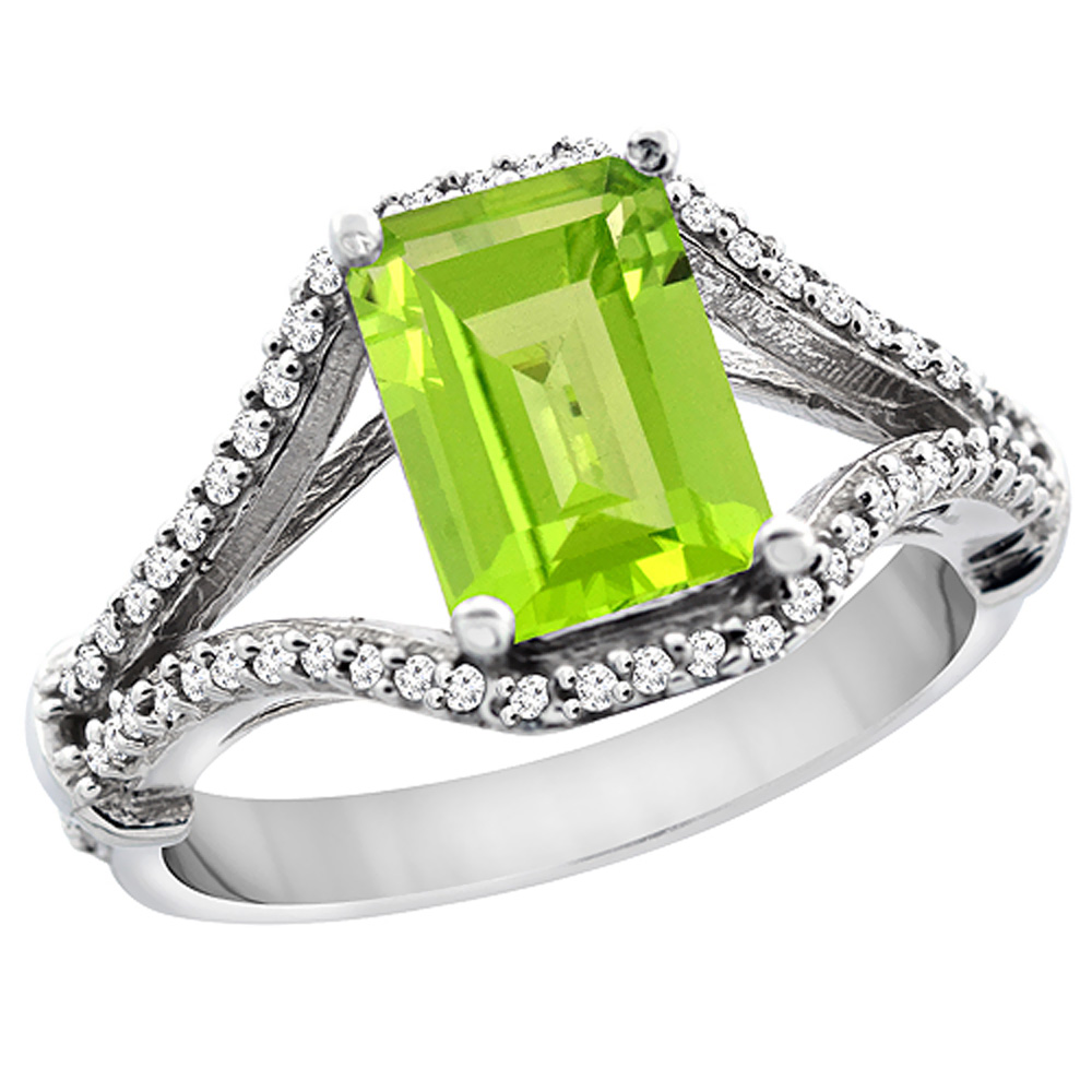 10K White Gold Natural Peridot Ring Octagon 8x6 mm with Diamond Accents, sizes 5 - 10