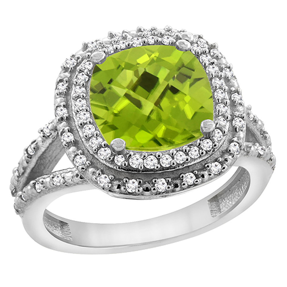 10K White Gold Natural Peridot Ring Cushion 8x8 mm with Diamond Accents, sizes 5 - 10