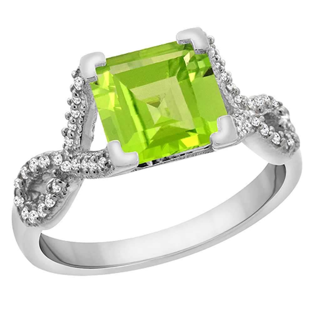 14K White Gold Natural Peridot Ring Square 7x7 mm Diamond Accents, sizes 5 to 10