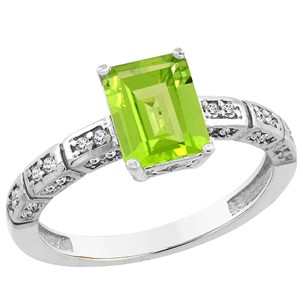 14K White Gold Natural Peridot Octagon 8x6 mm with Diamond Accents, sizes 5 - 10