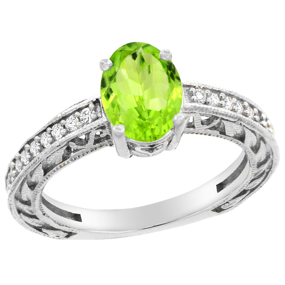10K Gold Natural Peridot Ring Oval 8x6 mm Diamond Accents, sizes 5 - 10